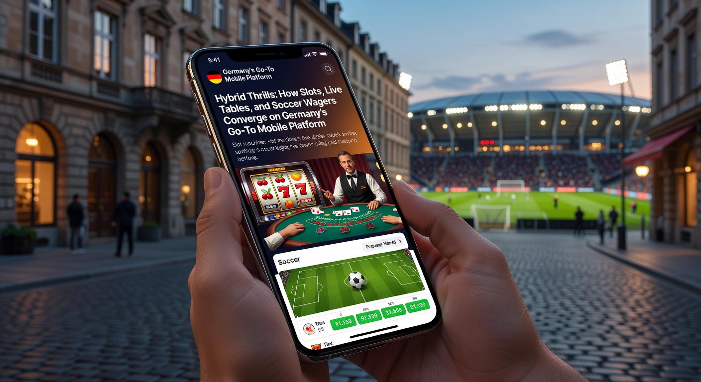 Live-Fußballwette neben einem Slot-Spiel in einer deutschen Mobil-App, mit Bundesliga-Score im Hintergrund