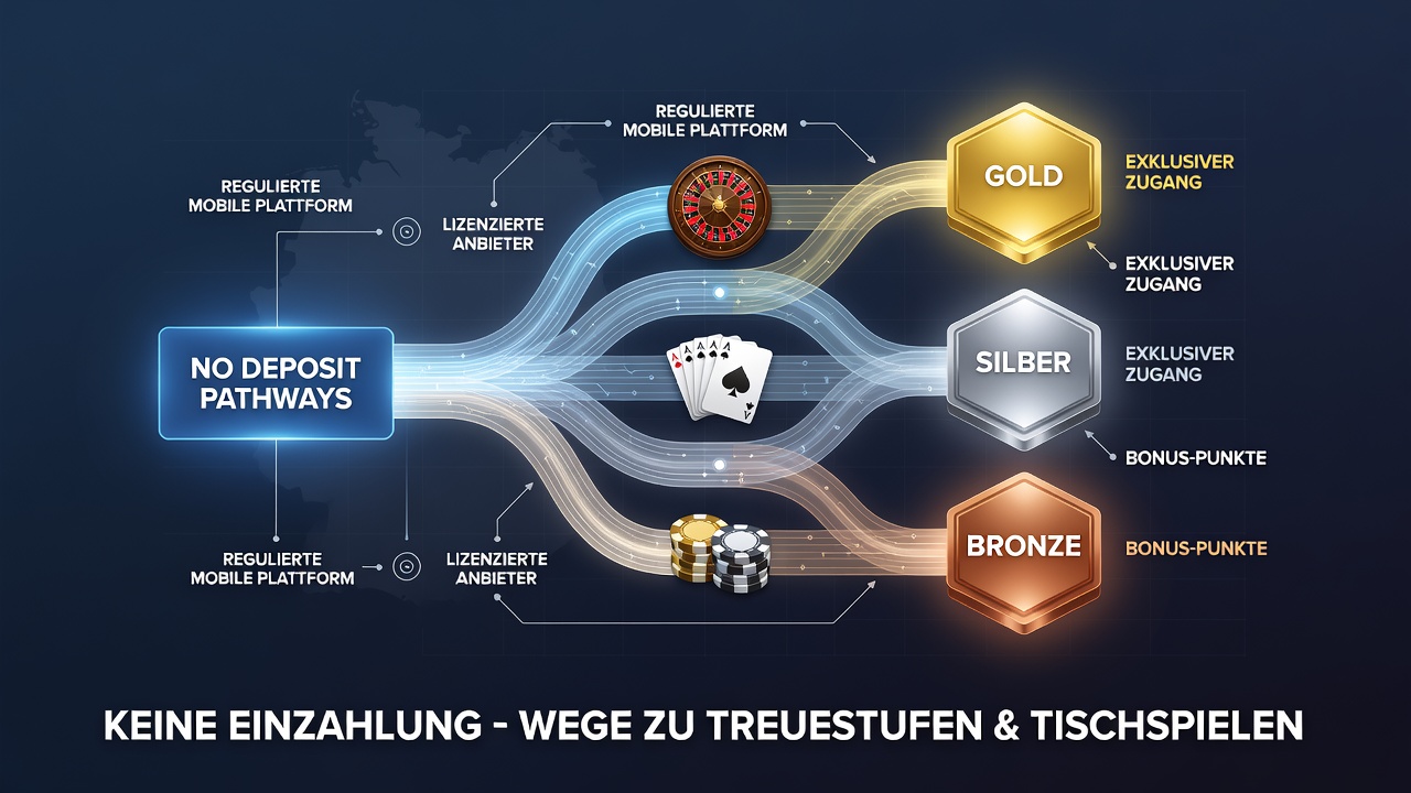 Darstellung mobiler Casino-Oberflächen mit integrierten Treuestufen und No-Deposit-Optionen für Tischspiele