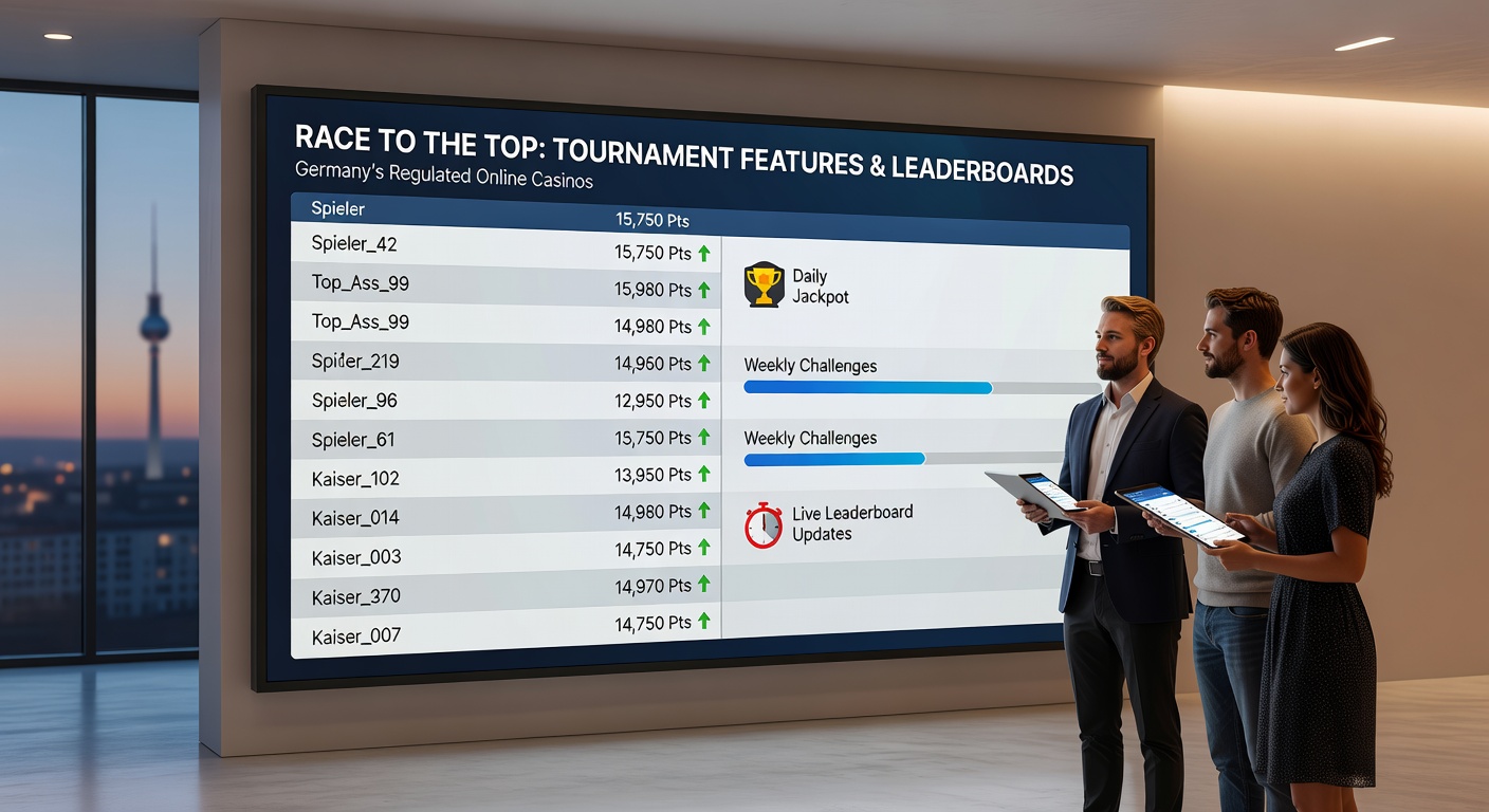 Spieler am Smartphone, das ein Casino-Turnier-Leaderboard anzeigt, mit Preistrophäen im Hintergrund