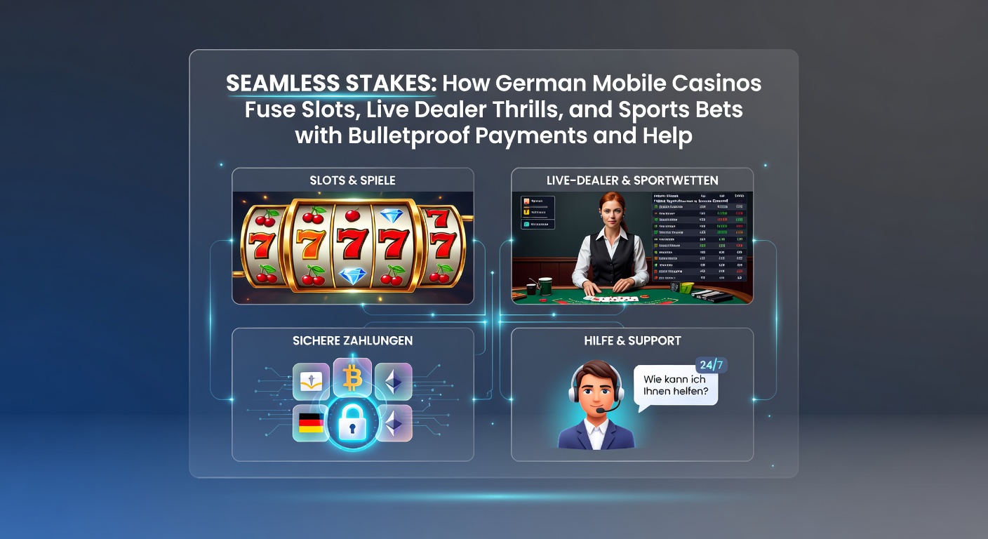 Dynamischer Screenshot eines deutschen Mobile Casinos, das Slots, Live-Tische und Sportwetten in einer nahtlosen App-Umgebung zeigt