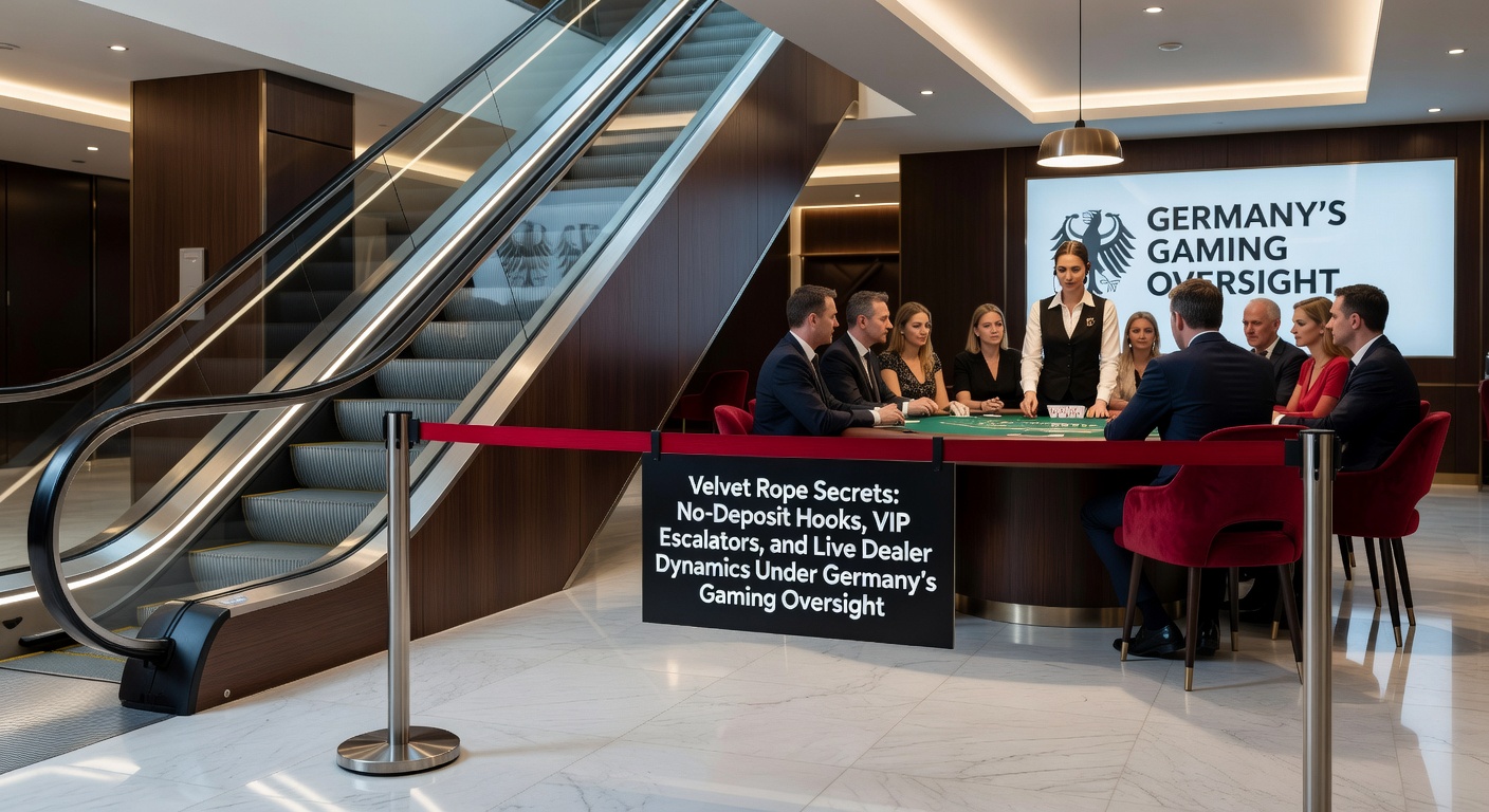 Ein stilisiertes Bild eines samtigen Vorhangs, der ein exklusives VIP-Bereich in einem Online-Casino enthüllt, mit Elementen wie goldenen Chips und Live-Dealer-Tischen im Hintergrund